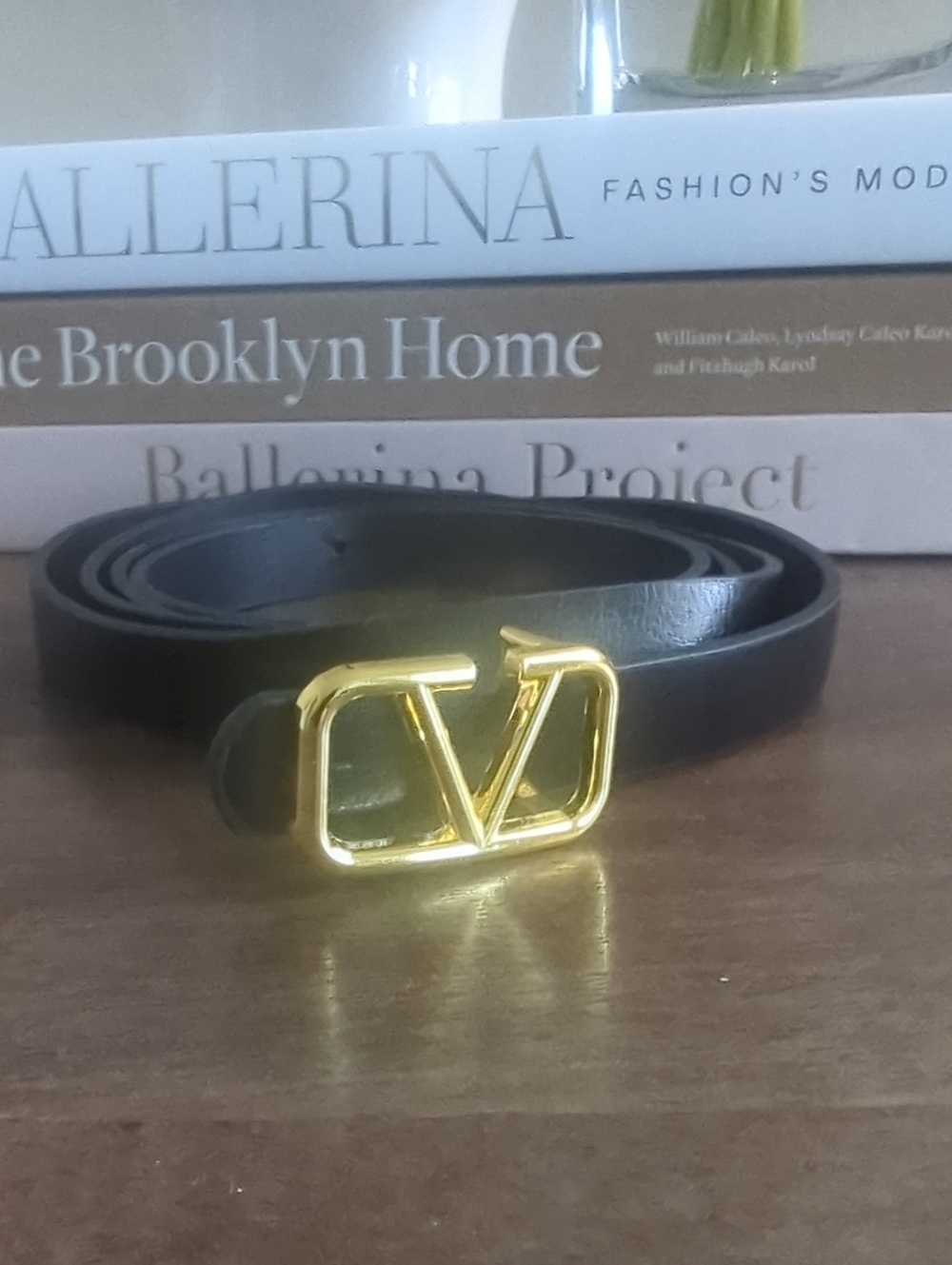 V Black Leather Belt with Gold 'V' Buckle